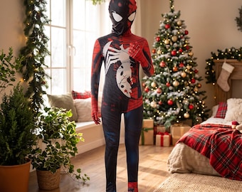 May include: A full-body spandex costume featuring a split design. One side is red with a black web pattern, while the other side is solid black with a large white spider emblem on the chest. The costume includes a matching hood with white eye lenses.