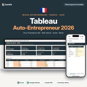 May include: A digital dashboard template for French micro-entrepreneurs 2026, displayed on a laptop and smartphone screen. The interface features financial data, tax calculations, and a quick entry form for business income and expenses.