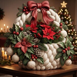 May include: A white braided basket filled with red poinsettias, green pine branches, pinecones, and red berries. A large red bow sits on top of the handle. The basket is decorated with white ornaments featuring snowflake patterns.