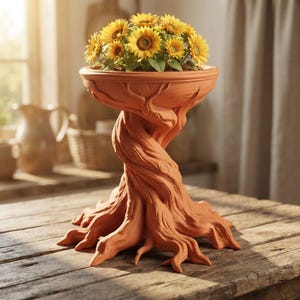 Puede incluir: Una maceta de color terracota con forma de tronco de árbol retorcido con raíces expuestas en la base, que sostiene un cuenco circular ancho lleno de un vibrante ramo de girasoles amarillos con centros de color marrón oscuro y hojas verdes.