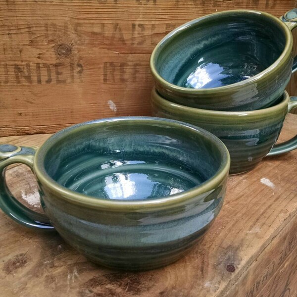 Large Soup Bowl, Mug,  deep green, drippy rim, Made to Order