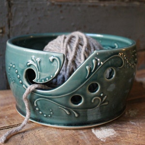 Ceramic Yarn Bowl, Teal Green, Hanmdmade, tip resistant, Crochet, Knitting, Christmas Present, Gift, IN STOCK, ready to ship,