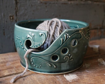 Ceramic Yarn Bowl, Teal Green, Hanmdmade, tip resistant, Crochet, Knitting, Christmas Present, Gift, IN STOCK, ready to ship,