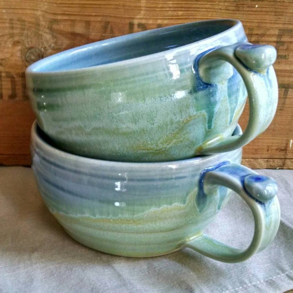 Soup Bowl, Mug, Set of 2, winter green with drippy blue rim, IN STOCK, ready to ship