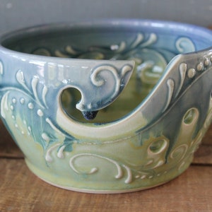 Ceramic Yarn Bowl, Drippy Blue and Green Handmade Tip Resistant, Crochet, Knitting, Blue and Green, Unique present, Christmas Gift