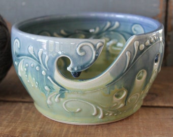 DISCOUNT Ceramic Yarn Bowl, Drippy Blue and Green Handmade Tip Resistant, Crochet, Knitting, Blue and Green, Unique present, Christmas Gift