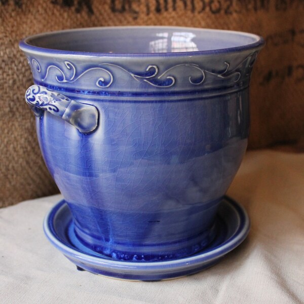 Large Planter, Sapphire Blue, Flower pot with Saucer, Mothers Day Gift,  IN STOCK, ready to ship