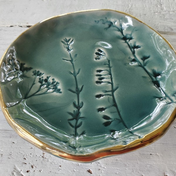 DISCOUNTED: Gold Rim Trinket Dish, Teal Green, Ring Bowl, Jewelry Dish, Botanical, Rustic, Christmas Gift, Stocking Stuffer, Teacher Present