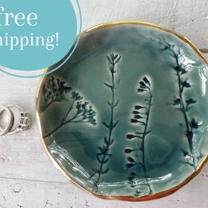 Gold Rim Trinket Dish, Teal Green, Ring Bowl, Jewelry Dish, Botanical, Rustic, Earthy, Christmas Gift, Stocking Stuffer, Teacher Present