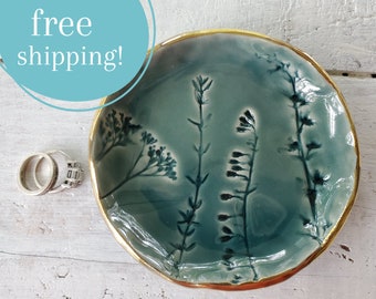 Gold Rim Trinket Dish, Teal Green, Ring Bowl, Jewelry Dish, Botanical, Rustic, Earthy, Christmas Gift, Stocking Stuffer, Teacher Present