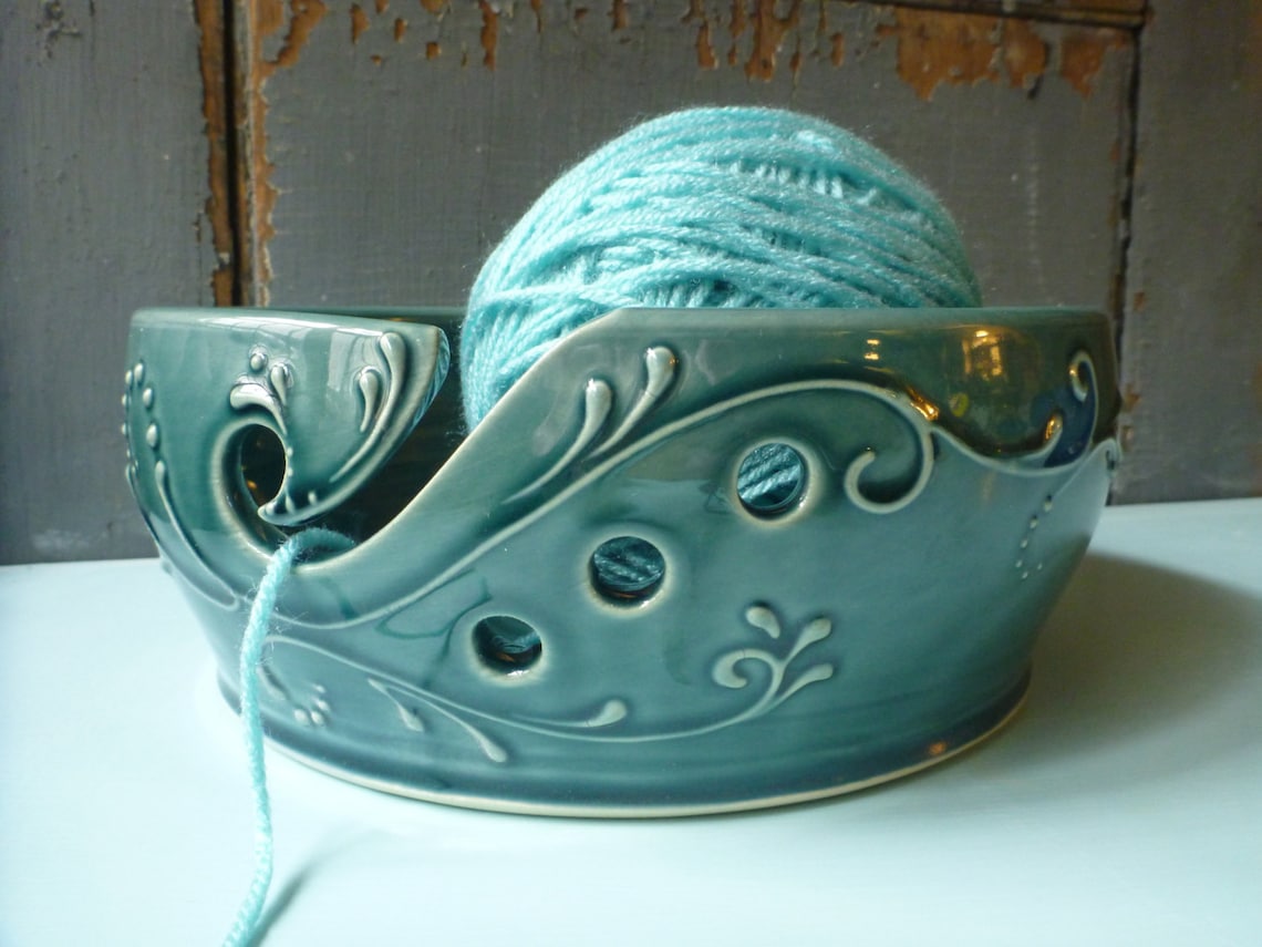 Ceramic Yarn Bowl 9 inch large Handmade Teal Green Etsy