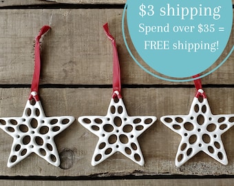 ONE Star Christmas Ornament, White, Ceramic, Handmade, unique Teacher Gift, Tie On, IN STOCK