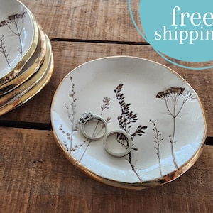 Gold Rim Trinket Dish, Ring Bowl, Jewelry Dish, Botanical, Rustic, White, Earthy, Christmas Gift, Stocking Stuffer, Teacher Present