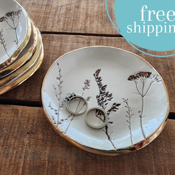 Gold Rim Trinket Dish, Ring Bowl, Jewelry Dish, Botanical, Rustic, White, Earthy, Christmas Gift, Stocking Stuffer, Teacher Present