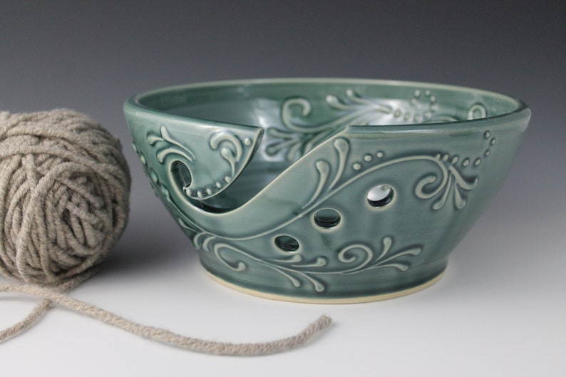 Ceramic Yarn Bowl 8 inch wide handmade teal tip resistant image 0