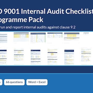 May include: An ISO 9001 Internal Audit Checklist & Programme Pack document set. The blue background features the title, the text Plan, run and report internal audits against clause 9.2, and 8 file previews. Includes 8 files, 66 questions, Word + Excel.