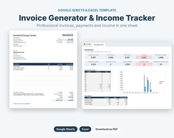 Può includere: Un modello digitale per Google Sheets ed Excel intitolato Invoice Generator & Income Tracker. La visualizzazione mostra un esempio di documento di fattura a sinistra e una dashboard finanziaria con tabelle di dati e grafici a destra.