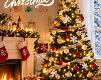 May include: A decorated Christmas tree with a gold star topper, warm lights, red and gold ornaments, and white snowflake accents. Below are wrapped gift boxes in red and white patterns, near a fireplace with red stockings and text Merry Christmas.