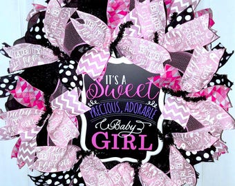 Baby Girl wreath, Girl Nursery door, Baby Welcome wreath, Baby Shower gifts. Birth announcement wreath, pink baby wreath, pink nursery decor