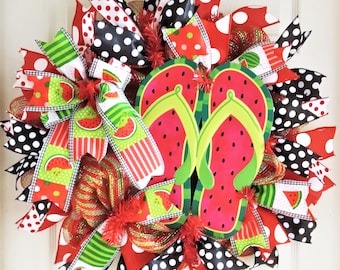 Fruity wreath, Watermelon ribbon wreath, Summer Flip Flop door hanger, watermelon Summer wreath, summer wreath, watermelon flip flop wreath