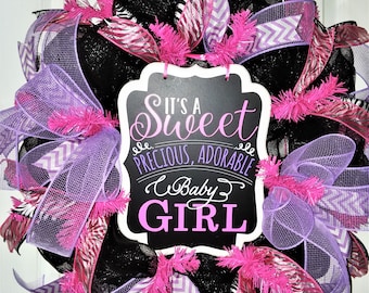 It's a Girl wreath, zebra ribbon baby girl wreath, baby shower gift, baby girl shower decoration