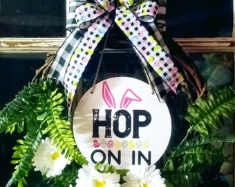 Hop on In Easter Bunny Spring wreath fern leaves spring door hanger, grapevine Spring wreath