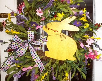 Spring Easter wreath, Spring wreath for front door, Spring flowers with bunny wreath, Flower wreath, Front door wreath, Everyday wreath