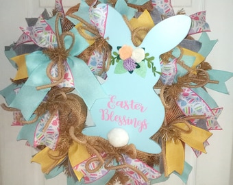 Easter Blessings wreath, burlap bunny wreath, wreath for Spring and Easter, Easter Bunny Wreath, burlap Easter wreath, Peep Bunny for door