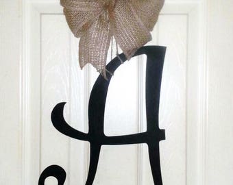Monogram Letter A, Initial A door hanger, black wood letter, shabby chic monogram door hanger, initial door hanger, A wreath
