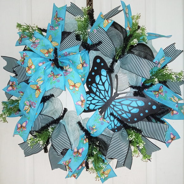 Summer butterfly wreath, monarch butterfly decor, butterfly collector gift, blue summer wreath, butterfly door decoration, waterproof wreath