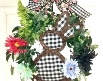Buffalo Plaid bunny wreath, Easter Bunny wreath, greenery wreath for Spring and Easter, Floral Spring wreath