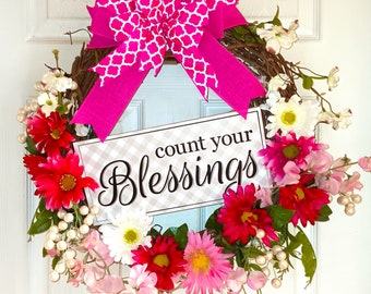 Pink Floral Spring Wreath, Count Your Blessings, Mother's Day gifts, Gift for Mom, Mother's Day wreath, Orchid wreath, pink orchids