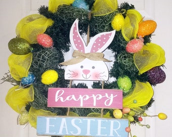 Easter Bunny Welcome Wreath, Spring Rabbit wreath for front door, Easter Welcome Wreath, Happy Easter door decoration
