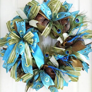 Peacock wreath, wreath with a peacock theme, mesh wreath, Peacock door hanger, Peacock feathers wreath, turquoise and copper peacock wreath