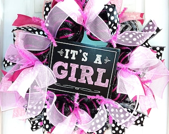 It's a Girl Wreath, Baby Nursery wreath, Black and Pink Baby Girl Wreath, Hospital Nursery wreath, Baby shower gifts