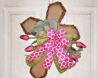 Easter Cross, Spring Door Decor, Church Spring wreath, Burlap Cross wreath, Burlap Easter wreath, Tulips Twig Cross, Pastoral Easter Gift
