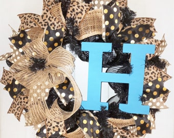 Monogram door wreath, leopard monogram wreath, initial wreath, burlap monogram wreath, personalized wreath, turquoise wreath, leopard wreath