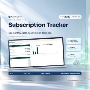 Könnte beinhalten: Eine digitale Abonnement-Tracker-Tabelle für 2027 mit dem Titel Budgetbegleiter. Die Benutzeroberfläche zeigt eine Übersicht mit monatlichen Kosten, Verlängerungsfristen und einem Balkendiagramm. Enthält automatische Berechnungen und einen digitalen Download.