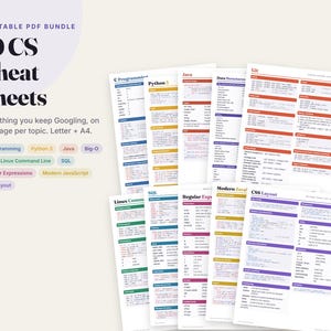 Computer Science Cheat Sheets Bundle: C, Python, Java, Big-O, Git, Linux, SQL, Regex, JavaScript, CSS (Printable PDF)