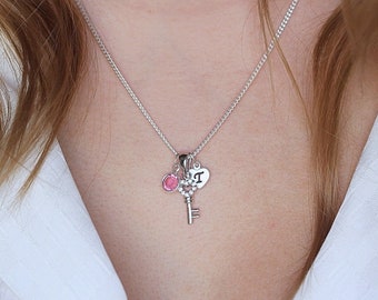 Collar de llave pequeña, Collar de llave personalizada, Colgante de llave de plata de ley 925, Elija la piedra inicial y de nacimiento, llave de plata de ley RX043