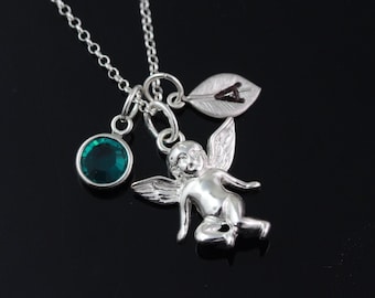 Angel Necklace, Personalized angel Necklace, 925 Sterling silver angel Pendant, Choose initial and birthstone, sterling silver angel