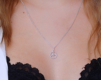 Collar con el símbolo de la paz en plata de ley 925, joyería de plata con la paz, collar con colgante de la paz, joyería de plata de ley con la paz 925