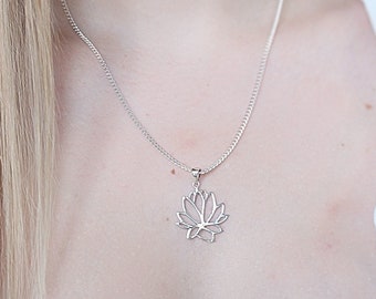 925 Sterling Silver Lotus Flower Necklace, Silver Lotus Flower Charm Necklace, Pendant Necklace, Sterling Silver Flower  R-5080