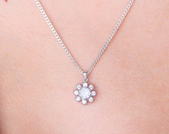 925 Collar de flores de plata esterlina, Collar de encanto de flores de plata 3D, Collar colgante de zirconia cúbica, Flor de plata esterlina R-7165