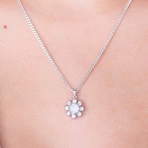 925 Sterling Silver Flower Necklace, 3D Silver Flower Charm Necklace, Cubic Zirconia Pendant Necklace, Sterling Silver Flower  R-7165