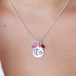 Sterling silver Moon and Star necklace, Personalized Sterling silver necklace, engraved moon and star pendant Choose birthstone and initial