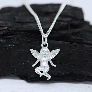 Colar de anjo de prata esterlina 925, colar de anjo de bebê moderno, pingente de anjo de prata oco em uma corrente de prata esterlina. Pingente de anjo 3D