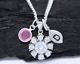 925 Collar personalizado de flores de plata esterlina, collar de encanto de flor de plata 3D, collar colgante de flor de zirconia cúbica, R-7165