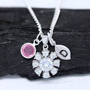 925 Sterling Silver Flower Personalized Necklace, 3D Silver Flower Charm Necklace, Cubic Zirconia Flower Pendant Necklace,  R-7165