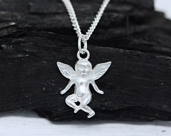 925 Collar de ángel de plata esterlina, collar de ángel bebé de moda, colgante de ángel de plata hueco en una cadena de plata de ley. Colgante de ángel 3D